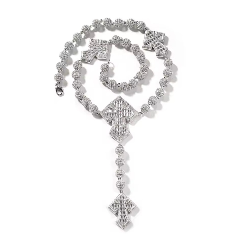 Beaded 3 cross  Silver Necklace 16 inch